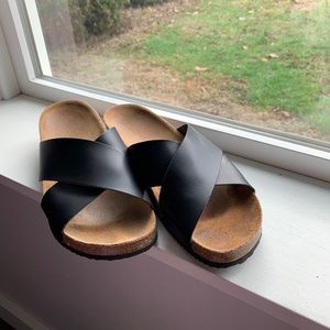 Black Leather Slides